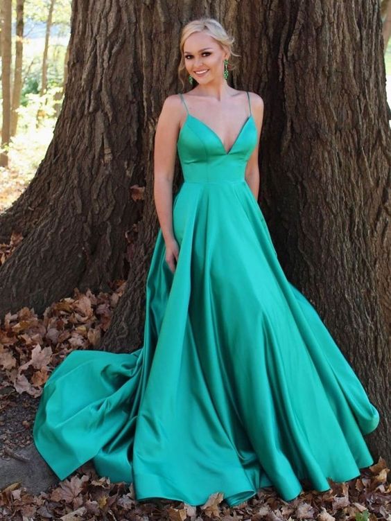 Simple v neck satin long prom dress green tulle formal dress cg23476