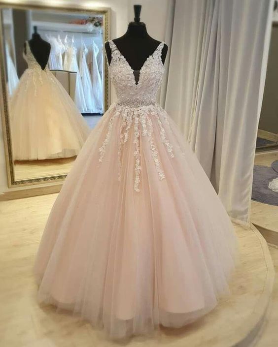 A-line Pink Tulle And Lace Appliques Long Prom Dress Formal Dress cg23493