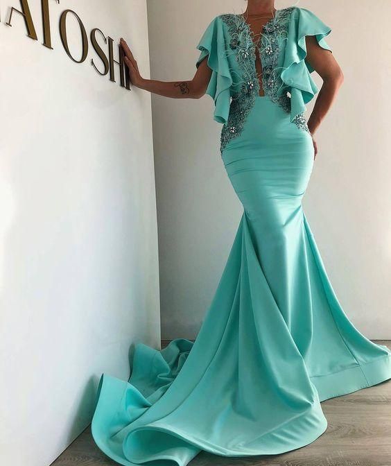 Turquoise Blue Evening Dress, Mermaid Evening Dress, Evening Gown, Luxury Evening Dress prom dress cg23507