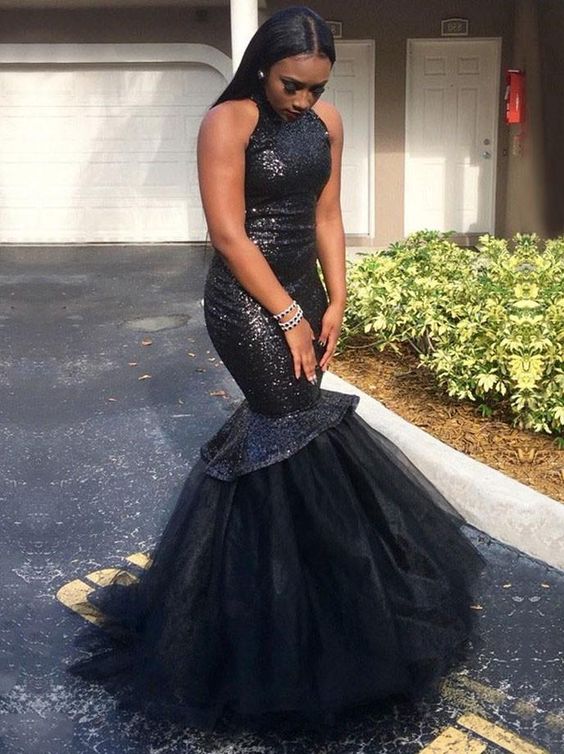 Sleeveless Tulle Sequence Backless African American Long Prom Dresses cg23509