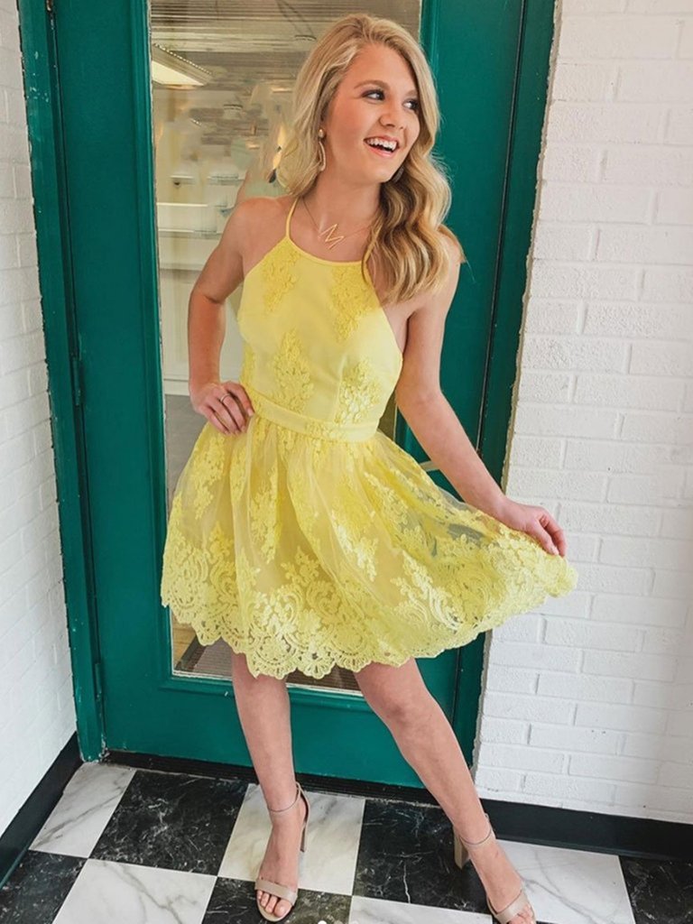 Yellow Lace Homecoming Dresses, Yellow Formal Evening Dresses cg23515