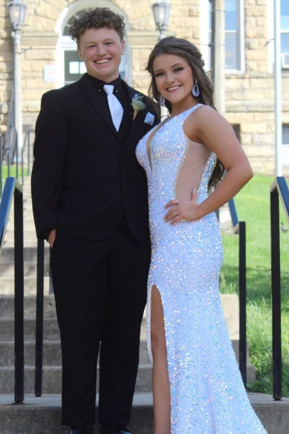 glitter plunging neck white sequined long prom dress cg23532