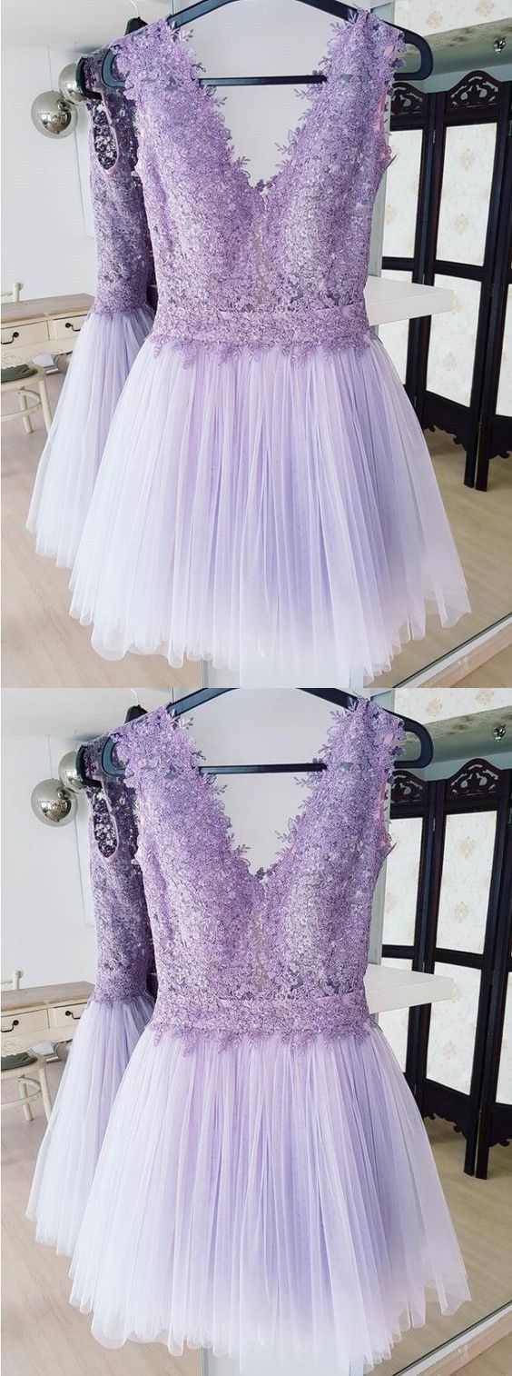 A-Line Deep V-Neck Backless Lilac Short Homecoming Dress With Lace cg23542