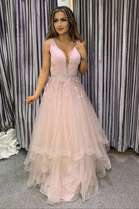 Pink tulle lace long A line prom dress evening dress cg23551