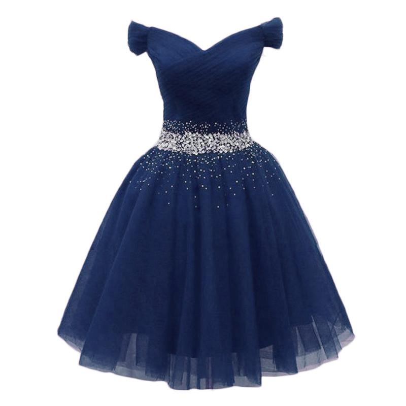 Navy Beaded Sweetheart Off Shoulder Tulle Homecoming Dress cg23552