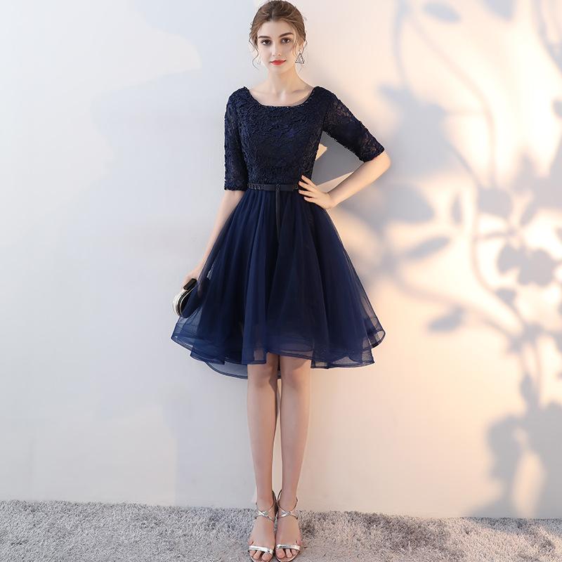 Navy Blue Lace And Tulle Short Sleeves Homecoming Dress Party Dress cg23555