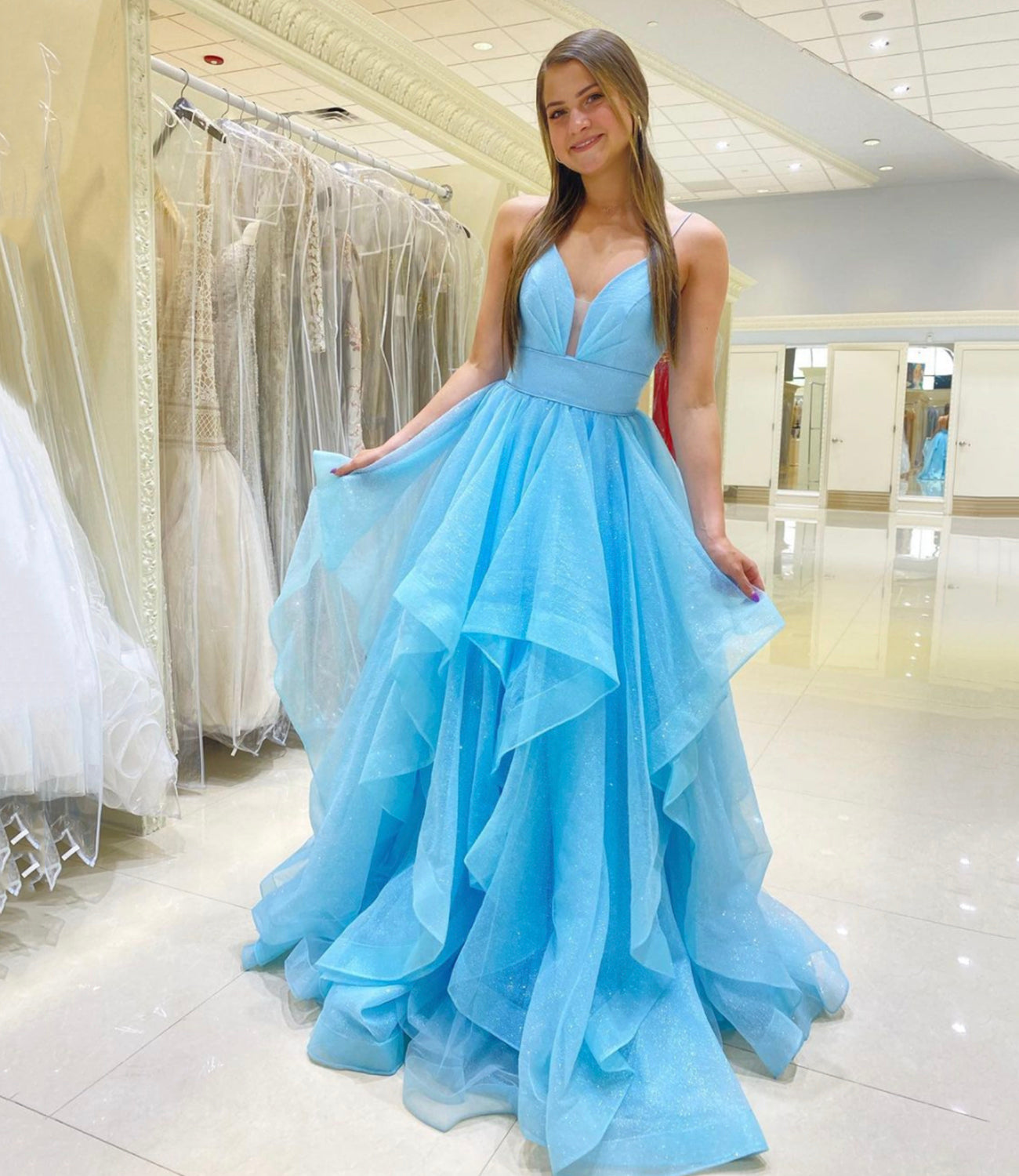 BLUE TULLE LONG A LINE PROM DRESS BLUE EVENING DRESS cg23558