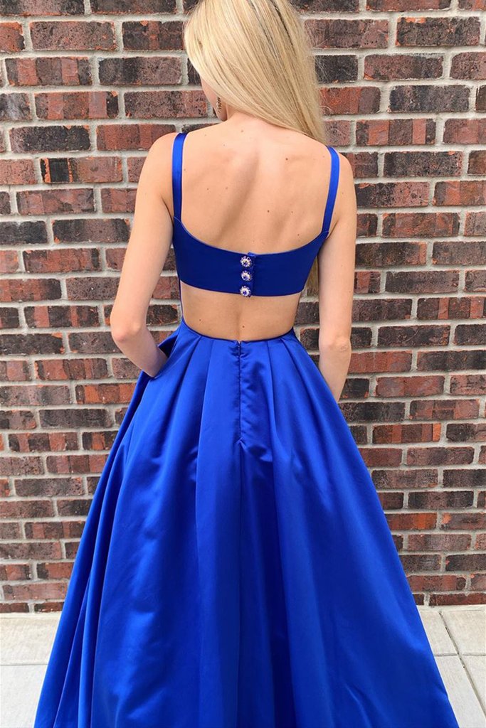 Simple A Line Open Back Royal Blue Satin Long Prom Dress with Pocket cg23559