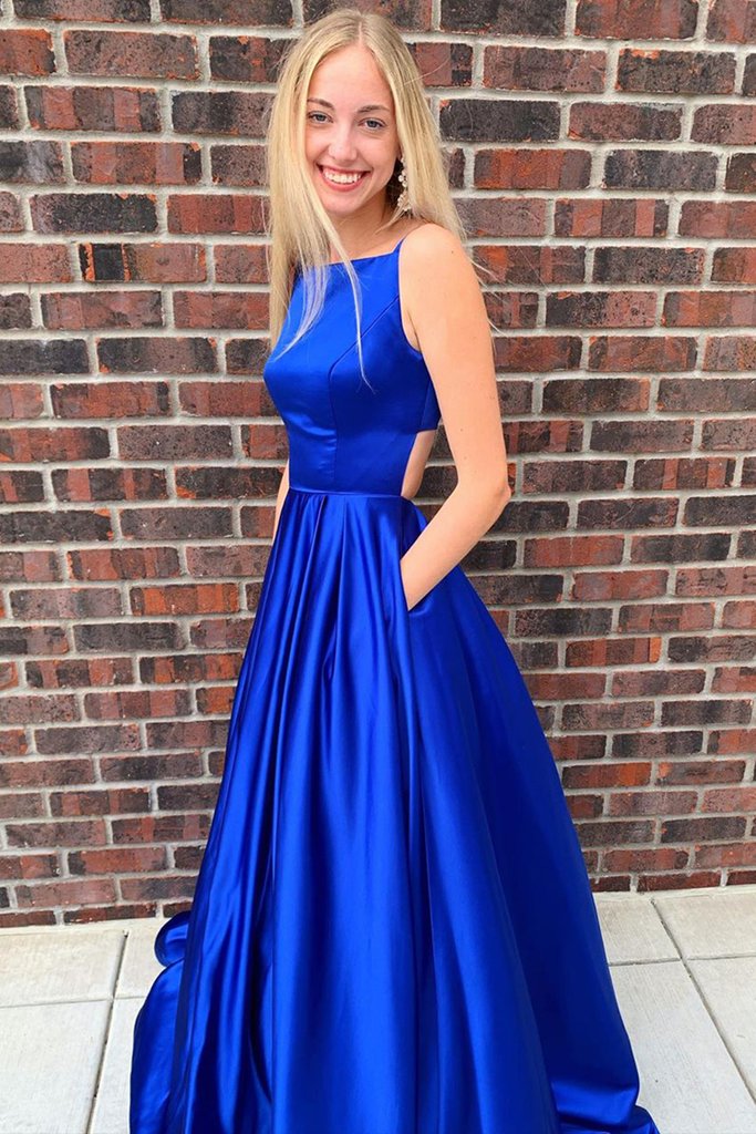 Simple A Line Open Back Royal Blue Satin Long Prom Dress with Pocket cg23559