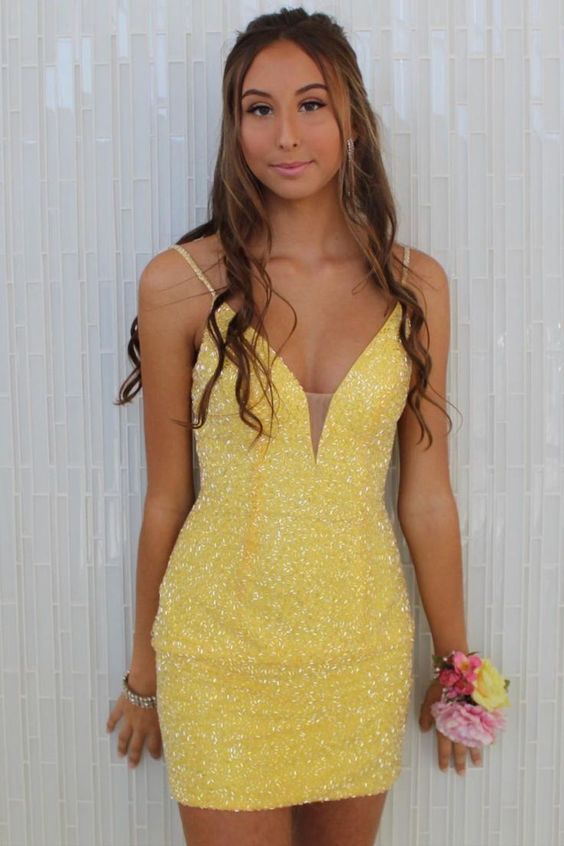 Tight Yellow Beaded Party Dress homecoming dress party dress cg23564