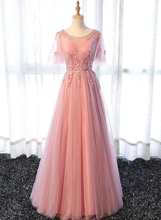 Pink Tulle A-line Long Party Dress Prom Dresses cg23572