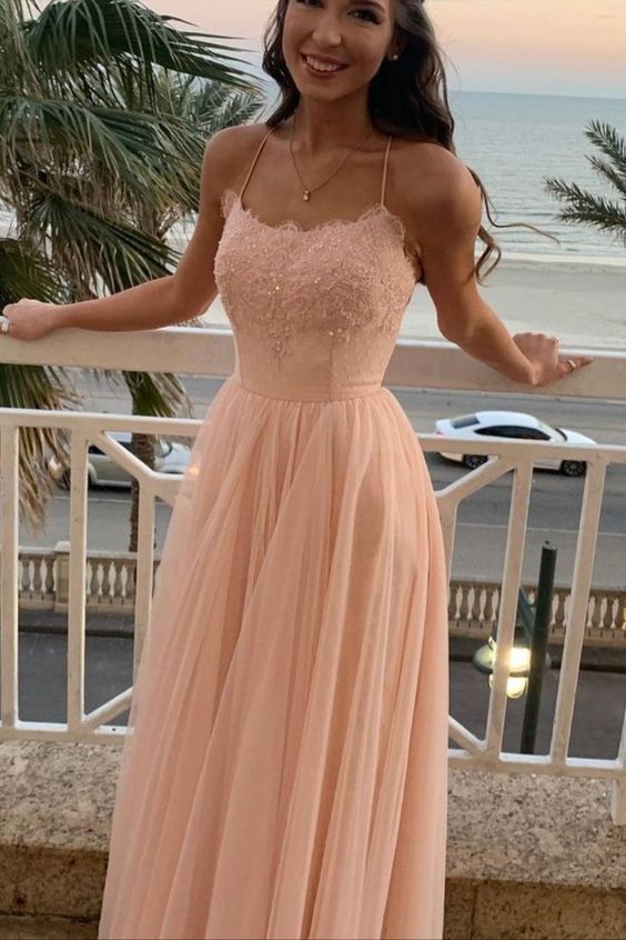 spaghetti Straps Pink Tulle Long Prom Dress cg23606