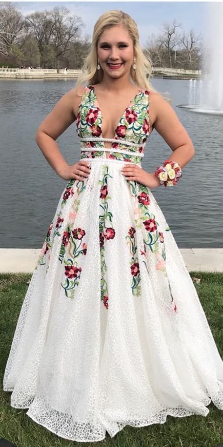 A-line white lace and floral embroidery long prom dress cg23609