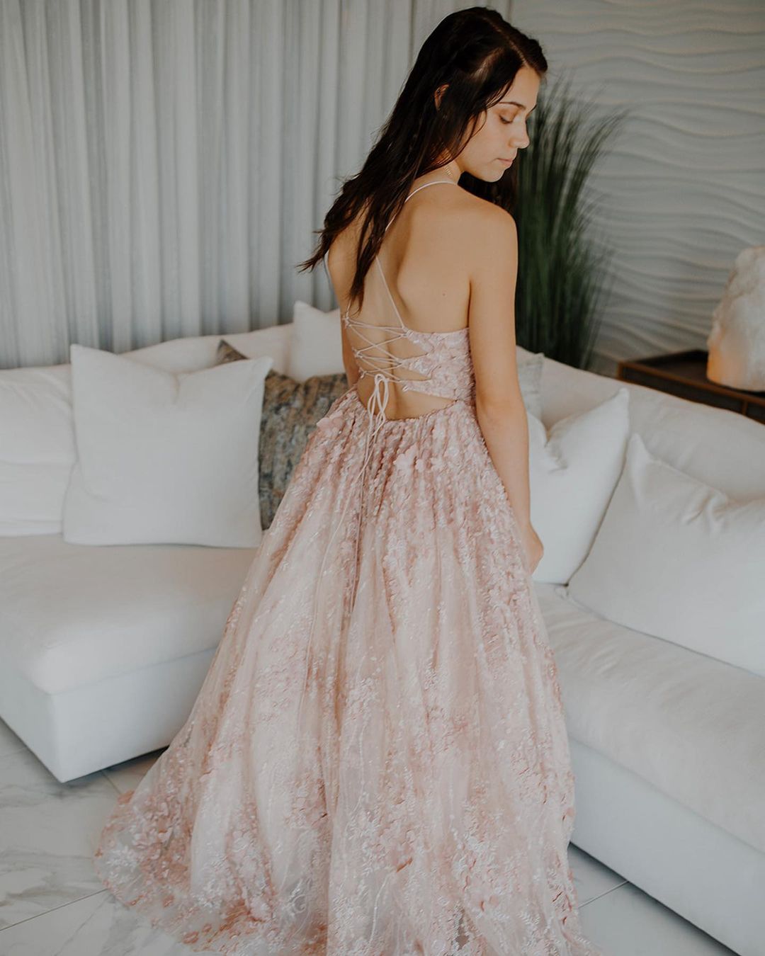 2022 pink A-line lace long prom dress with lace up back cg23610