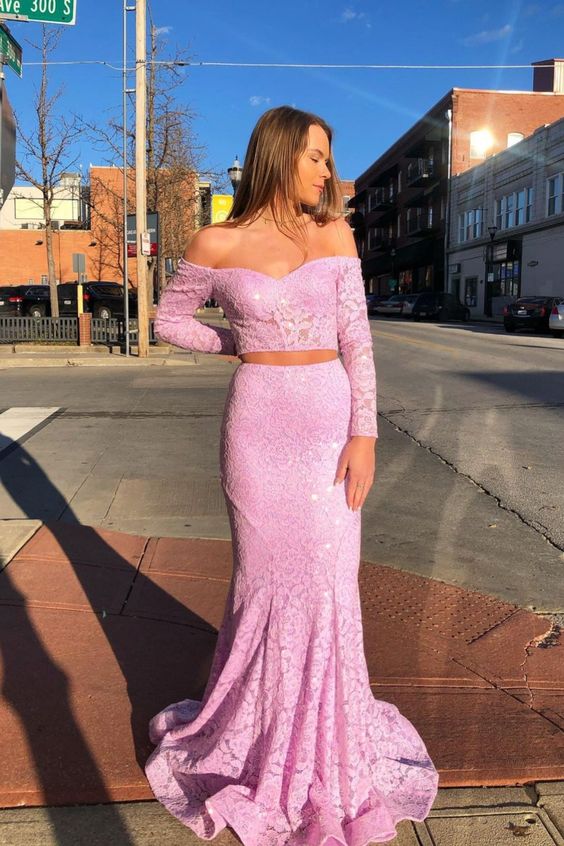 elegant pink off the shoulder lace long prom dress with long sleeves cg23619