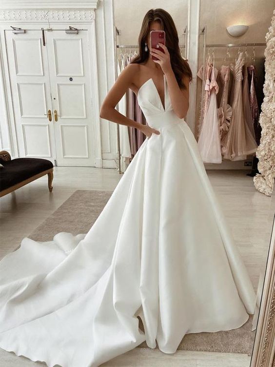 A-line Simple Satin Unique Princess Wedding Dresses Prom Dresses cg23624