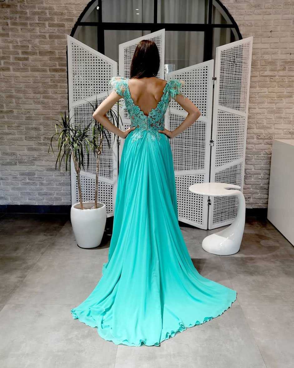 Green round neck chiffon lace long prom dress, lace evening dress cg23654