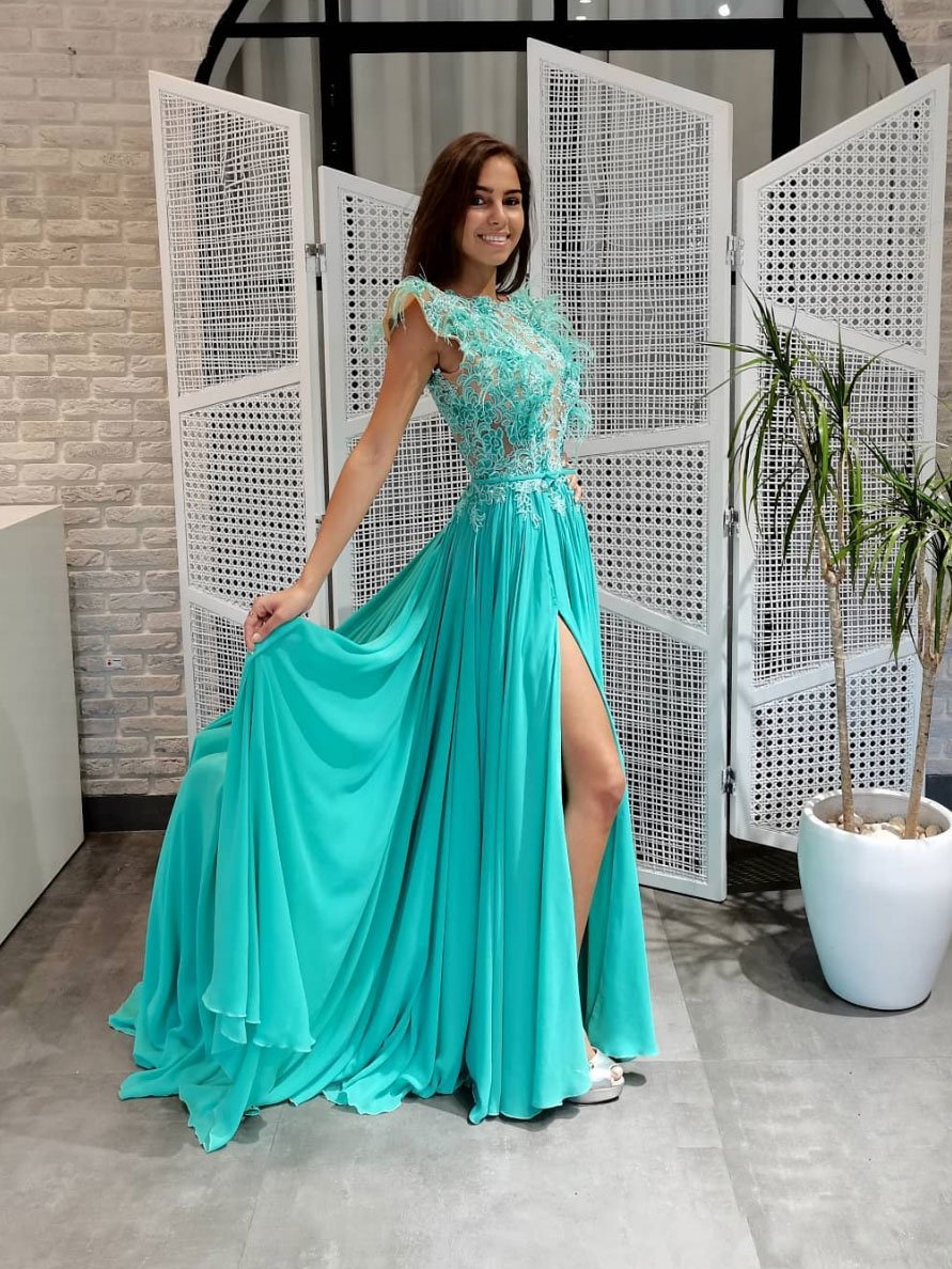 Green round neck chiffon lace long prom dress, lace evening dress cg23654