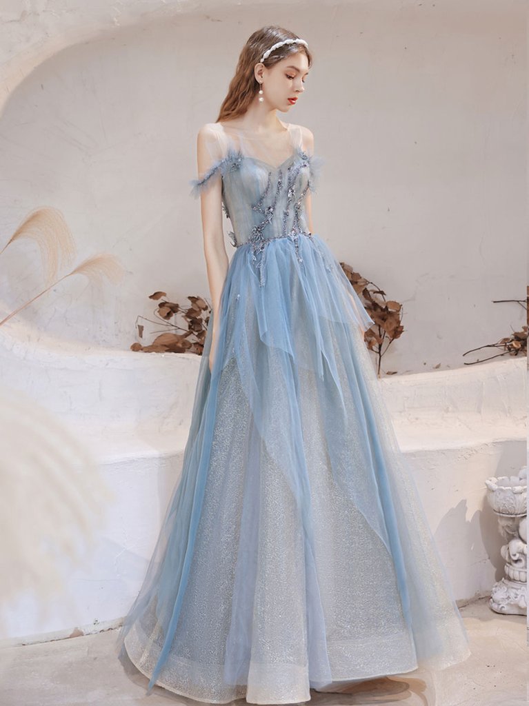 BLUE TULLE OFF SHOULDER LONG PROM DRESS, BLUE TULLE EVENING DRESS cg23655