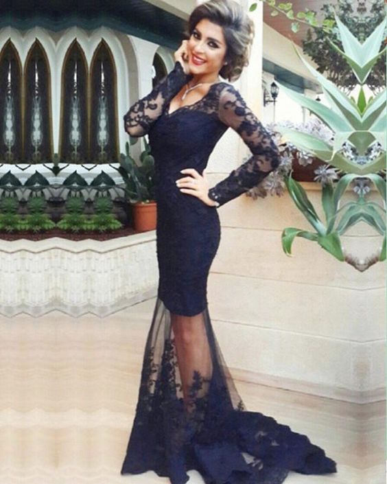 Lace Mermaid V Neck Long Sleeves Prom Dresses cg23657