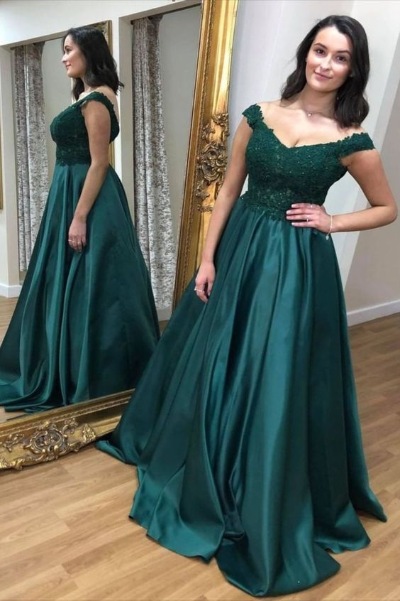off the shoulder green long evening dress with lace appliques bodice Prom Dress cg23660