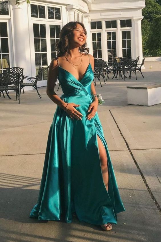 A-line green satin long prom dress features with spaghetti straps cg23666