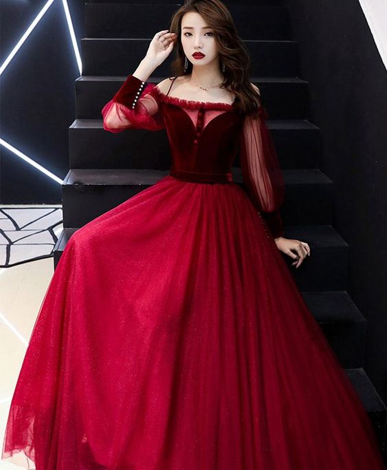 Burgundy tulle long prom dress, burgundy tulle evening dress cg23684