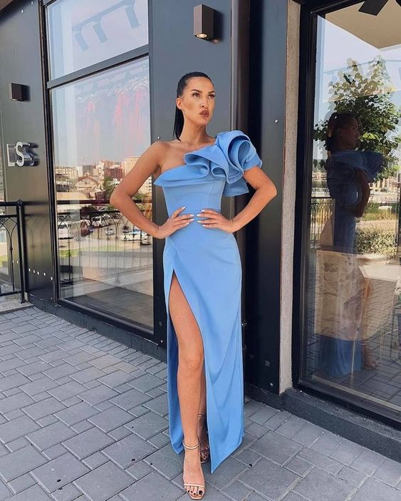 Sheath One Shoulder Blue Satin Ruffled Shoulder Slit Evening Dresses, Prom Party Dresses cg23691