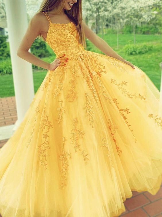 yellow prom dresses lace embroidery ball gown with multi straps prom dress evening dress cg23736
