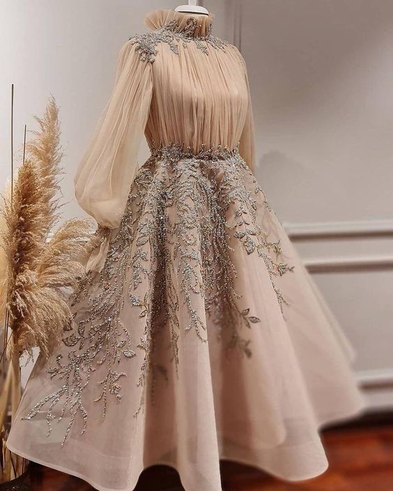 Luxurious Champagne beaded Ankle Lenghth Gowns Prom Dresses cg23771