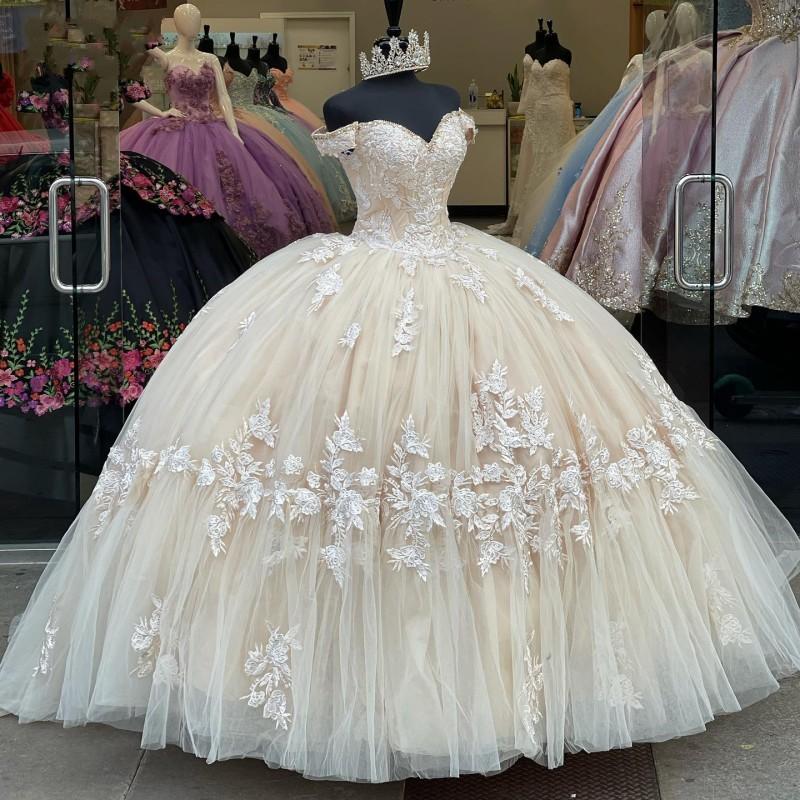 Long Champagne Lace Appliques Quinceanera Dress for 15 Year Ball Gowns Off The Shoulder Ball Gown Debutante Gowns Dresses Prom Dress cg23781