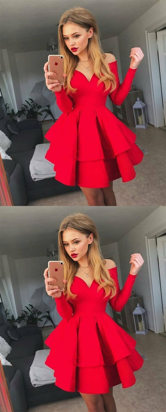 A-Line Crew Neck Long Sleeves Short Red Tiered Homecoming Dress cg240