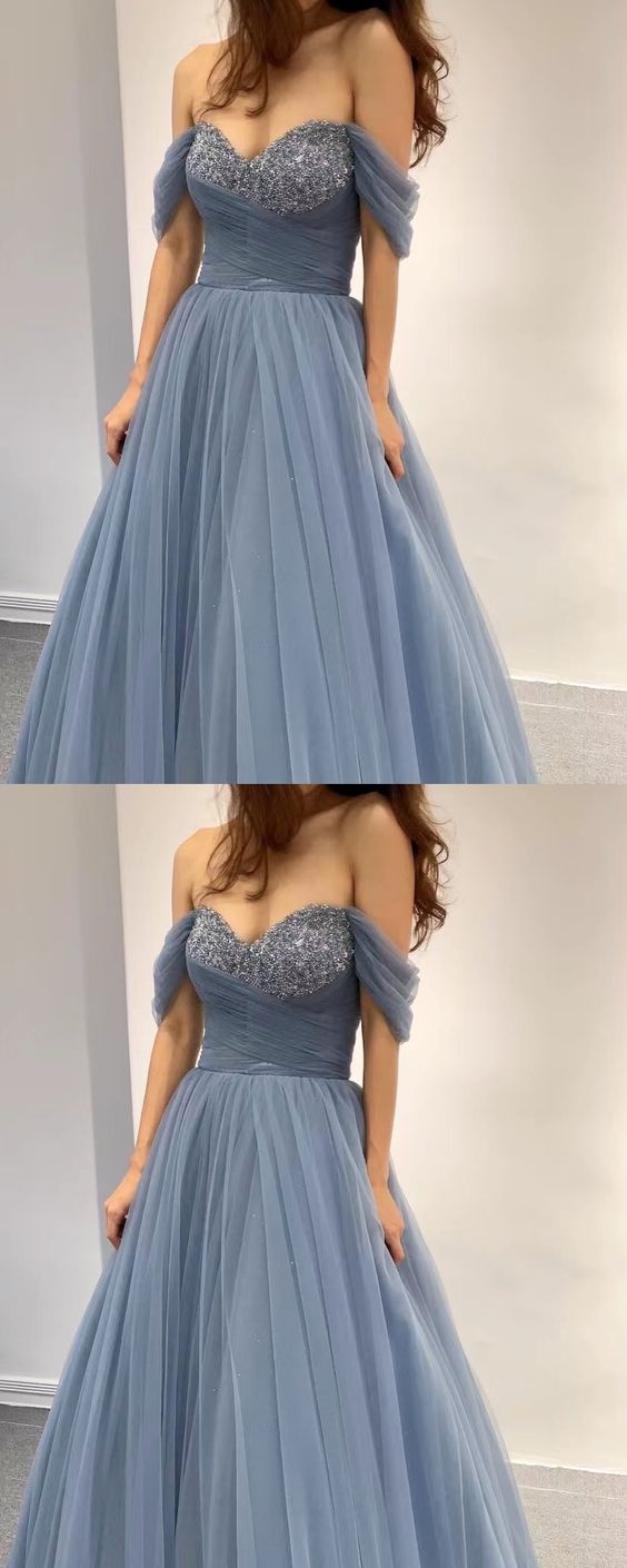 Dusty blue princess prom dresses tulle sweetheart corset off the shouldef for women cg24016