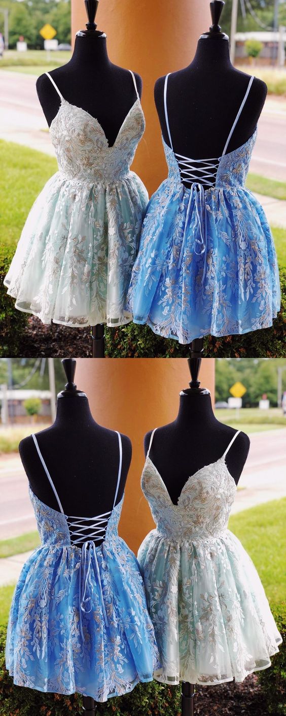unique blue lace homecoming dresses, formal a line back to school dresses cg2408