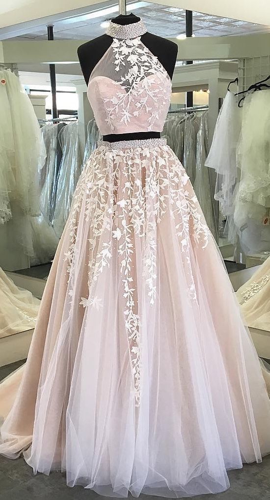 Two Piece Tulle Ball Gowns Quinceanera Prom Dresses Beaded High Neck With Lace Embroidery cg2469