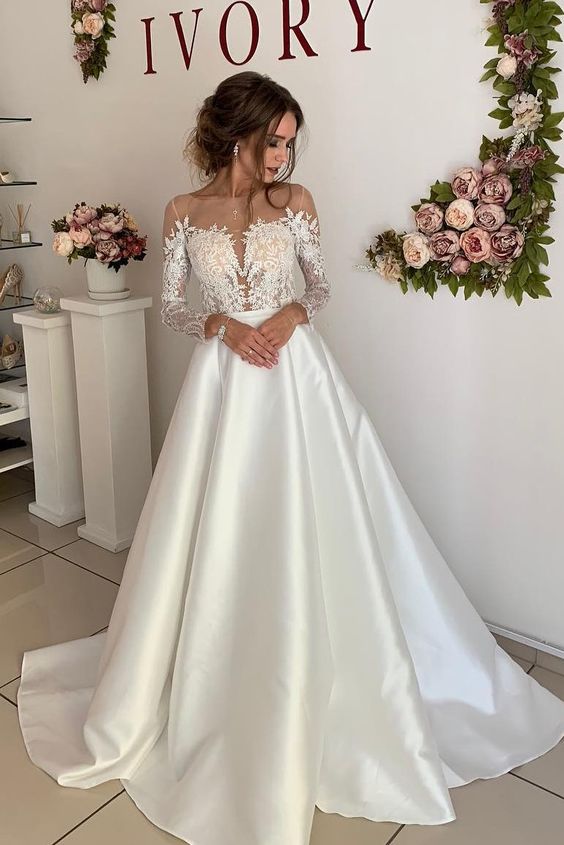 Prom Dress Princess Long Sleeves Illusion Neck Ivory Wedding Gown with Lace cg24659
