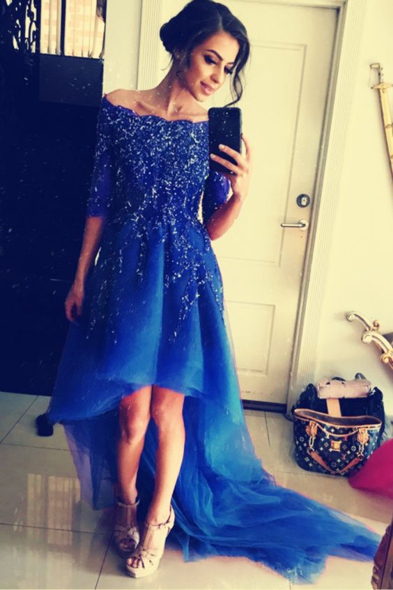 elegant royal blue high low prom dresses with sleeves cg24772