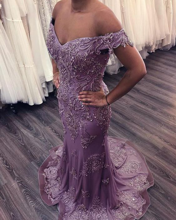 Mermaid Off The Shoulder Evening Dresses Lace Beaded Prom Gowns cg24778
