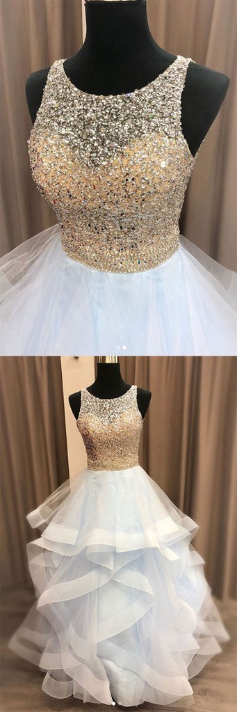 LIGHT BLUE SEQUIN TULLE LONG PROM DRESS, TULLE FORMAL DRESS cg2494