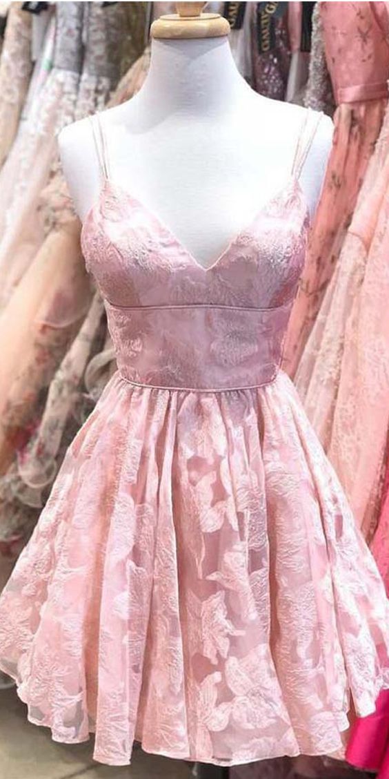 Straps A-line Lace Short Dress Pink Homecoming Dress cg2595