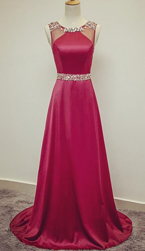 Sheer Neck Crystal Beaded Satin Evening Dress Floor Length Formal Dress For Party Custom Made cg2651