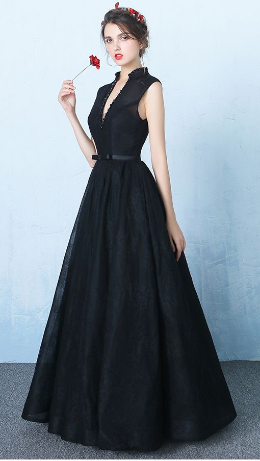 New Design Black Lace V Neck Prom Dresses,Stand up Neck Backless Ball Gown Prom Dress cg2723