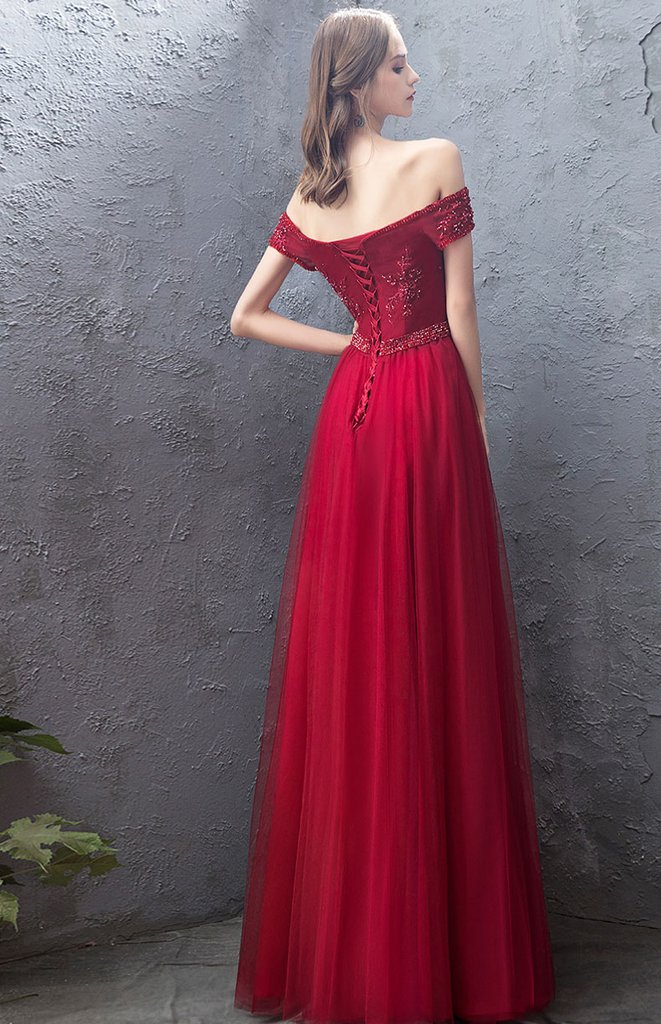 BURGUNDY TULLE OFF SHOULDER LONG PROM DRESS, BURGUNDY EVENING DRESS cg2756
