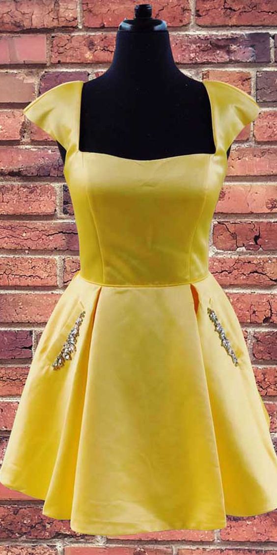 Cap Sleeves Short Yellow Homecoming Dress with Lace Up Back cg2768