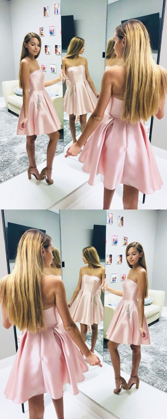 A Line Strapless Light Blue Short Homecoming Dress With Pockets Beading cg2781