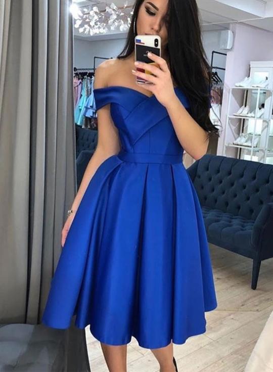 Simple blue satin short dress, homecoming dress cg2794