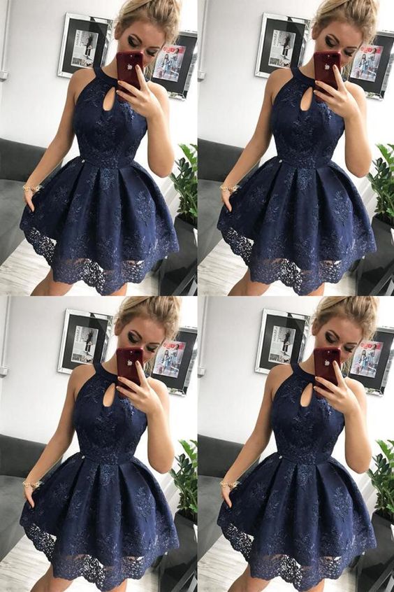 Navy Blue Lace Homecoming Dress, Simple Sleeveless Short Party Dresses cg2854