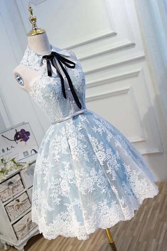 A Line Lace Appliques Halter Homecoming Dresses, Short Party Dress cg2892