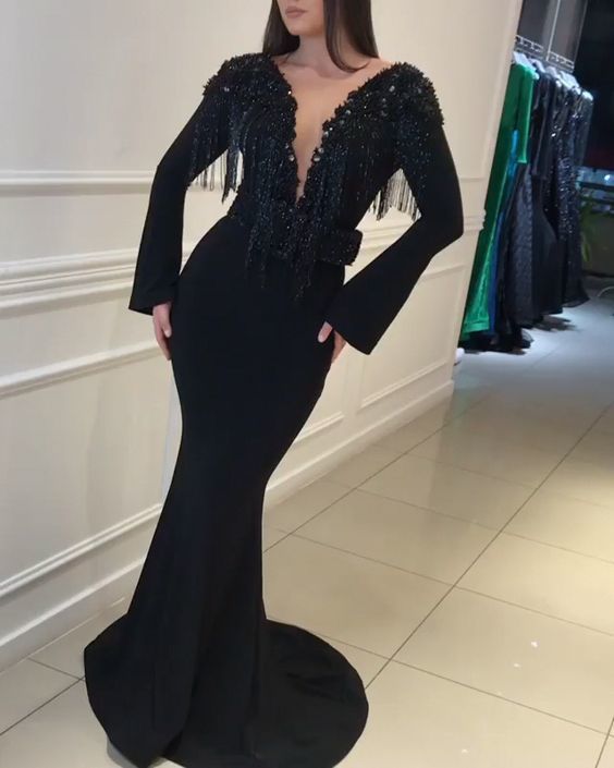 Black Tulle Long Sleeve Backless Jersey Mermaid Beaded Prom Dress cg2929