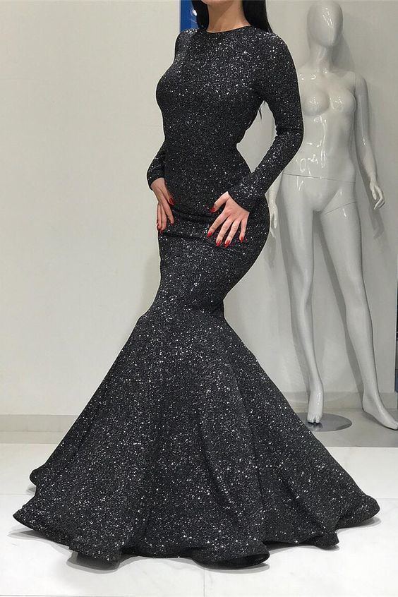 Mermaid Round Neck Long Sleeves Floor-Length Black Sequined Prom Dress cg2931